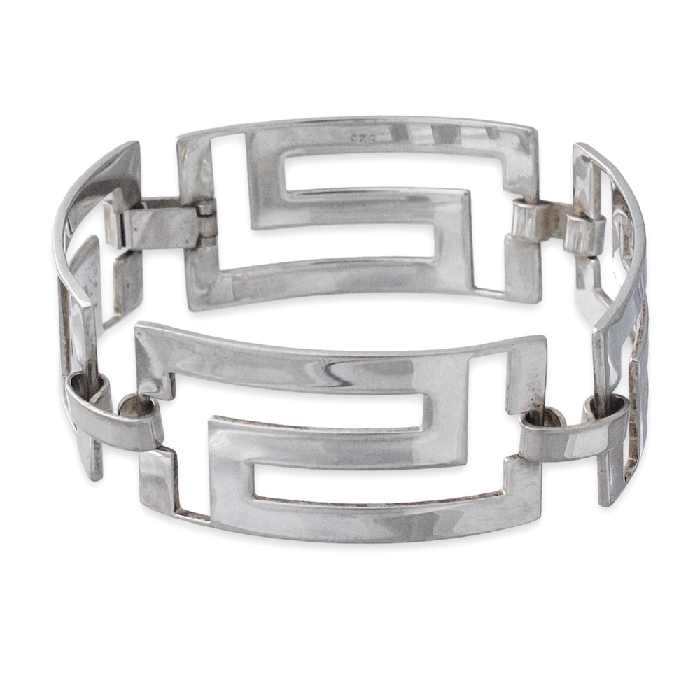Vintage Sterling Silver Greek Key Panel Bracelet Wide Meander Pattern Link 925